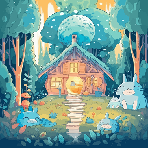 Scene of house in magical forest from My neighbor totoro in the style of Bluey from ABC. Vector based kids show. Pastel colors. Bright and cheery