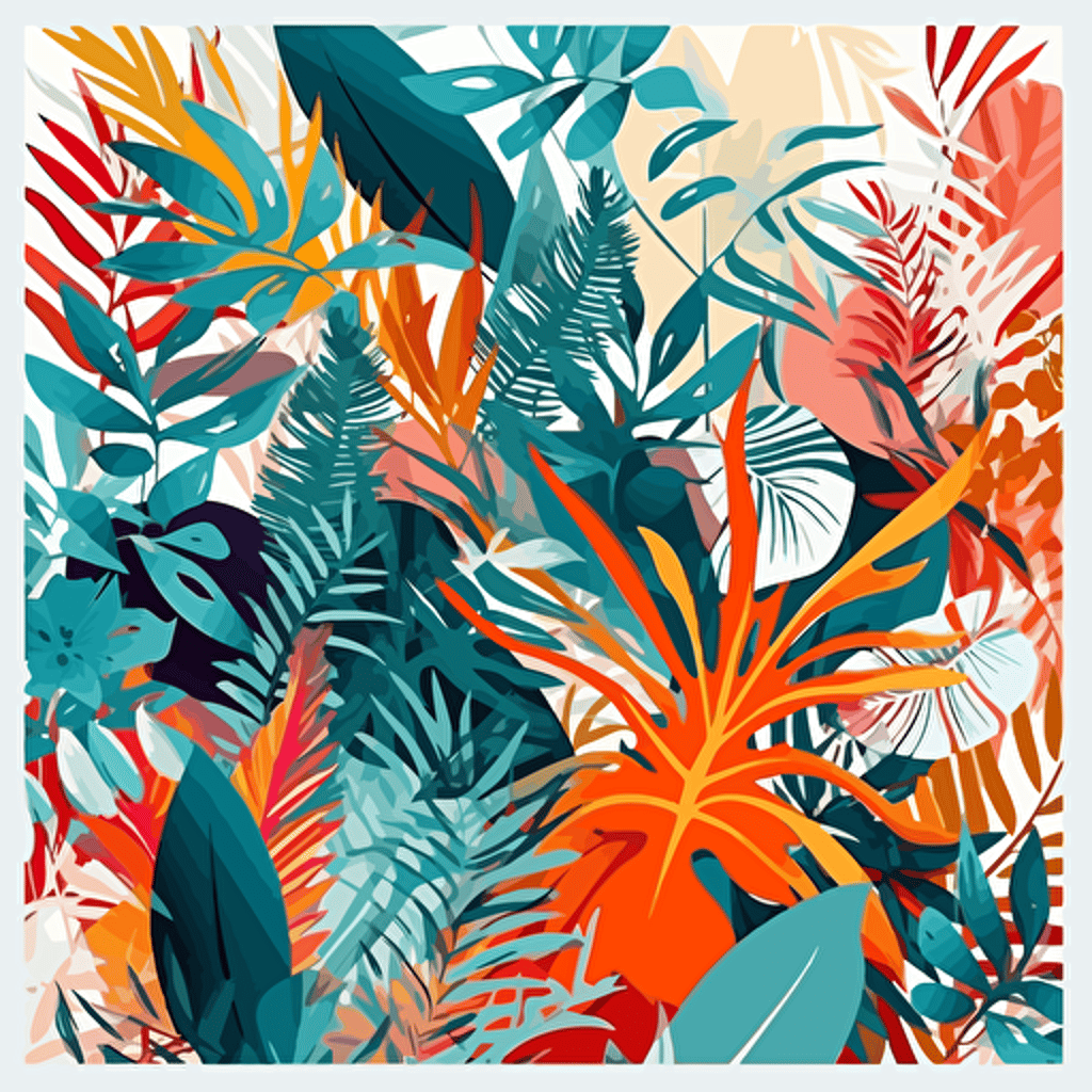 Modern palm tree leaves and modern flowers intricate hyperdetailed illustration pattern AND pastel orange and red and teal and pastel yellow polaroid filter, creative collage contemporary floral seamless pattern, fashionable design, beautiful pattern, flat art style, VectorStock