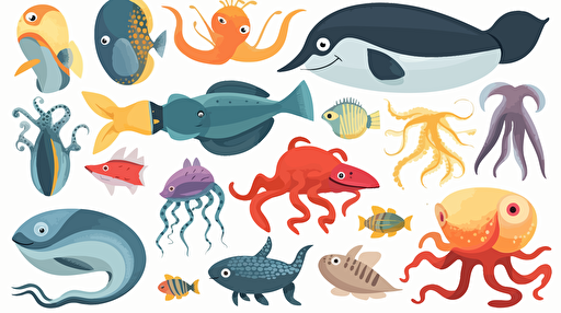 a set of real sea creatures with face, for preschoolers, to cut out, vectorized, colourful, over white background