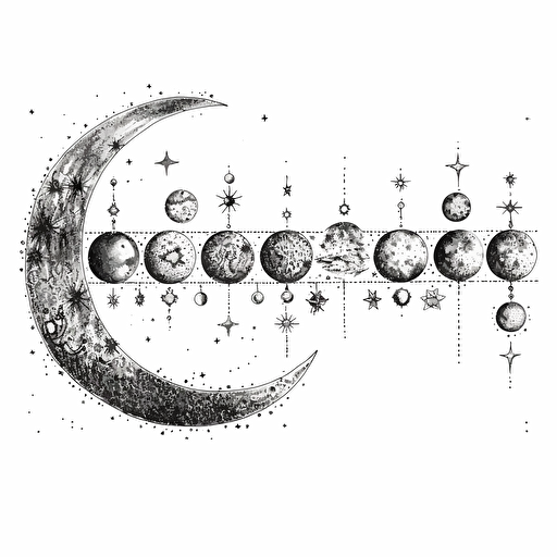 a detailed drawing of all of the phases of the moon in a line with stars super detailed vector design on white background