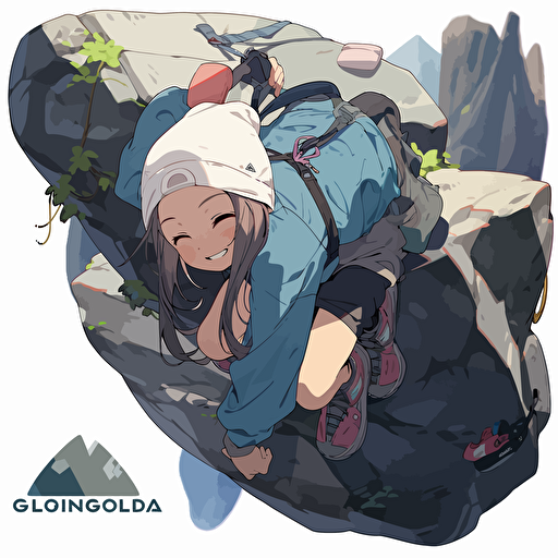 a smiling girl 12 year old, climbing in a BOULDERING gym, dressed in Patagonia brand fashion, in the style of Akihiko Yoshida, white background, make a very dynamic logo vector