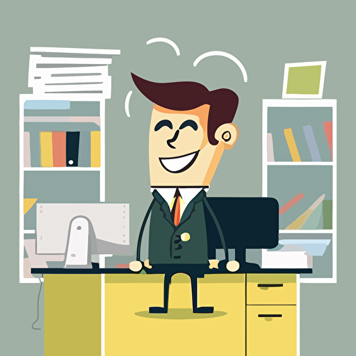 happy ceo standing at desk, simple, clean design, illustration, colorful, vector