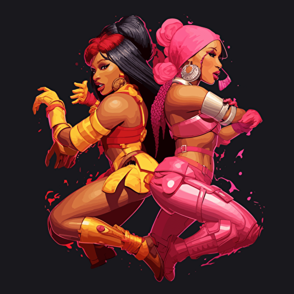 Cardi B vs Nicki Minaj. 64 bit game. Street fighter style. Uhd. Hyper details. Vector image. drawing. Black background