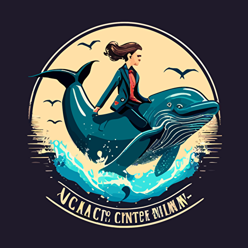 a committee logo of a young female doctor riding a whale, simple, vector