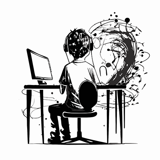 back and white vector, doodle stickman, man sitting at the computer with headphones and art behind him
