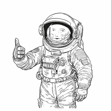 happy astronaut giving thumbs up, simple vector black and white, children book illustration, minimalism, detailed, ghibli style