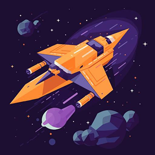 spaceship flying in space, satellite, asteroids, 2D, vector, flat art, fedex purple and orange