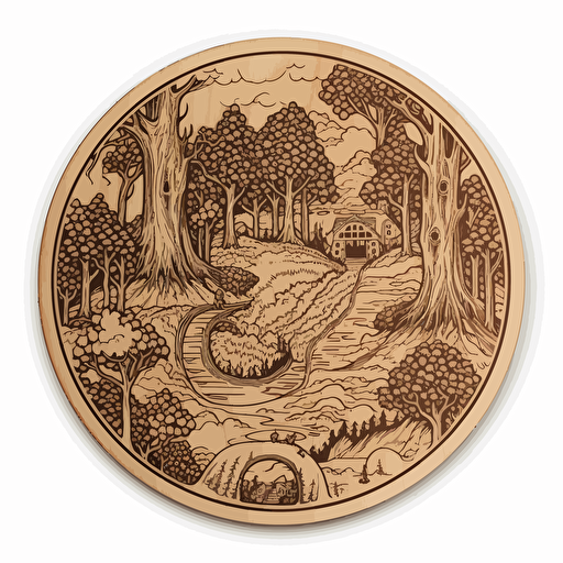 a wood burned wooden coaster representing the fangorn forest from lord of the rings, trees surrounding perimeter, thick trees on the sides, flat, cartoon style, circle, vector, single color, dense foilage, old trees, visible horizon, with a border