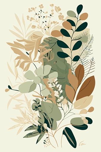 Neutral beige and green abstract botanical illustration, vector