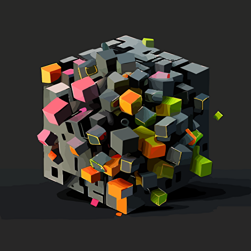 simple logo, minimalist, 9 cuded vectorized, gray and black colors on the exterior print layer , delicacy, interlayer of 1/2 size small muilti-colored cubes inside falling out of the cube, with different shades, black background