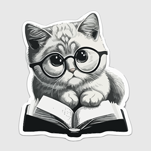 sticker, cute cat reading a book with glasses, liu yi artist style, vector, contour, white background