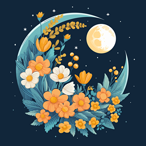 moon and flowers, cartoon, vector style