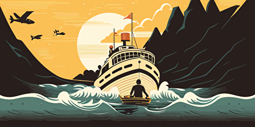 A cruise approaching a man on a raft, vector style illustration