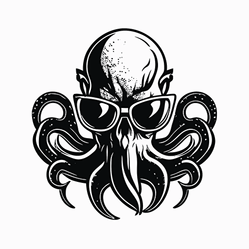 Retro futuristic iconic logo of octopus corporate exorcist, sunglasses, black vector, on white background