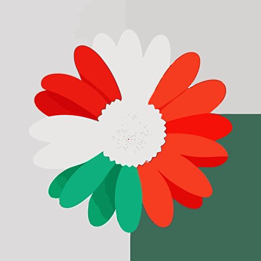 one daisy with 1/4 of petals in green, 1/4 of petals in red and the remaining petals in white, white background, minimalist logo style, flat, vector art, vibrant colors