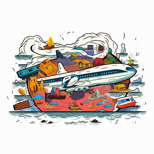 video thumbnail design , diorama in a frame of world map Catastrophe Aviation crash war Disaster Nature Crisis Accident Train crash Aviation crash diorama boat disasters cruise ship disaster illustration vector black background magic marker