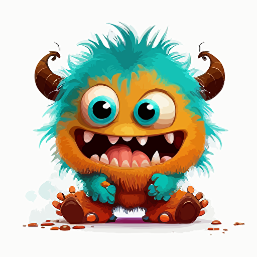 A saturated colorfull baby fur indiana jones monster, goofy looking, smiling, white background, vector art , pixar style