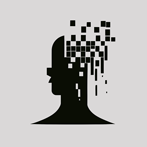 vector art, flat design , design me an all black minimalistic logo of a human head with no eyes that is dissolving into square pixels from the neck up by Paul Rand