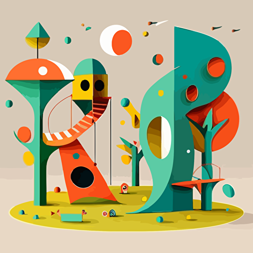 Inspired by Joan Miró's abstract shapes and biomorphic forms, create a vector illustration of a fantastical playground filled with imaginative play structures, where children and their families are having fun. Set the scene during a bright summer day.