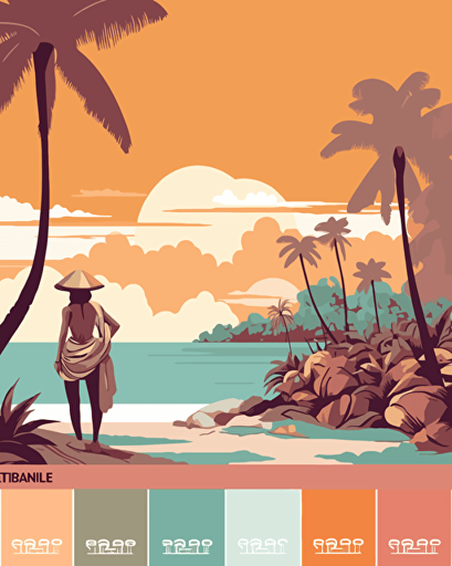 bali, retro aesthetics, vector image, sticker design, pantone color scheme: 12-1706 TCX, 12-0824 TCX, 15-0146 TCX, 15-1164 TCX, 16-6340 TCX, 17-4247 TCX, 18-2043 TCX, 19-6026 TCX. The final piece should exude a warm, holiday-like ambiance.