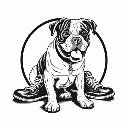 vector logo of American Bulldog sitting. He is seated next to a pair of running shoes. He looks happy. Black, white, and grayscale. Extra sharp detail.