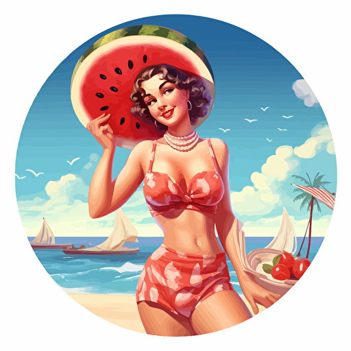 girl on the beach with watermelon, pin-up style, vector style