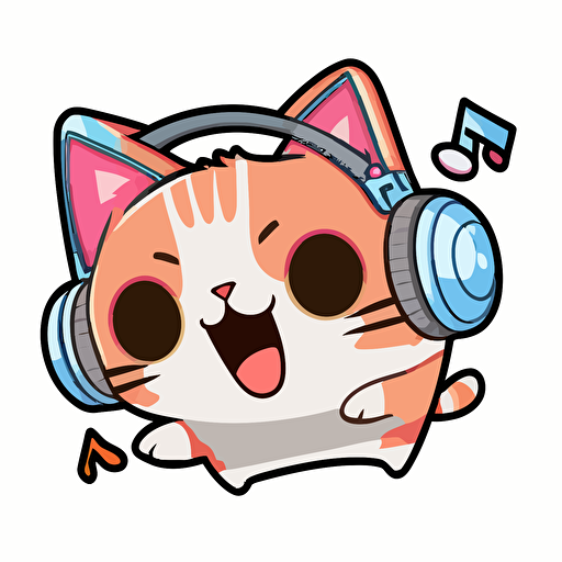 Expression: Excited meow, Action: Racing around the room, digital drawing cartoon sticker, is a cat wearing headphones, kawaii, contour, vector, transparent background, 2D