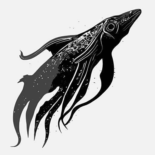 squid, svg, vector art, lineart, stencil, black and white, transparent background