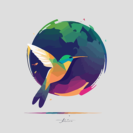flat vector logo of circle, gradient, hummingbird wrapped around earth, simple minimal, by Ivan Chermayeff