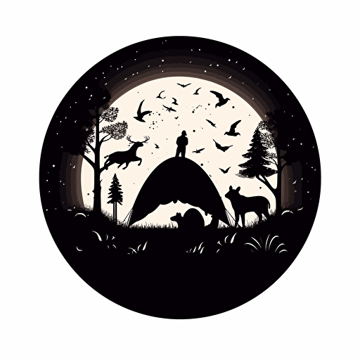 Enchanting logo of a couple stargazing in a tent surrounded by animals, in a minimal and elegant silhouette style. The logo has a white background in vector format
