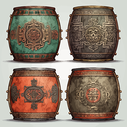 Chinese minority and Zhuang bronze drums with decorative patterns, flat surfaces, and detailed vector images