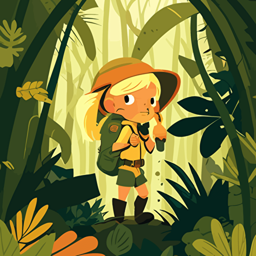ILLUSTRATION OF little blonde girl in an explorer outfit FOR A CHILDRENS BOOK, IN THE STYLE OF genndy tartakovsky. , RAIN FORREST, tree lizards, JUNGLE, hiking, ADVENTURE SCENE, EXPLORer, vines, 1st person CAMERA VIEW. gOLDEN HOUR. tense VECTOR ILLUSTRATION
