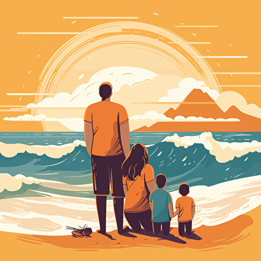 A family with three children at the beach watching the ocean waves, a teen boy, a child girl, a toddler boy, illustration, vector, flat style