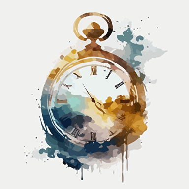 water color, abstract, vector, transparent background, simple golden pocketwatch with roman numerals, a minute hand, and an hour hand, modern