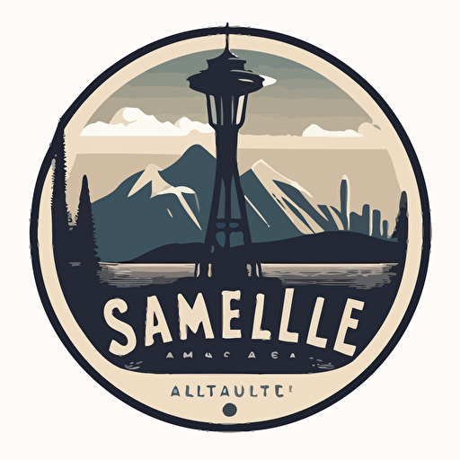 a simple logo of the seattle spaceneedle, flat, vector, no color, mountains in background