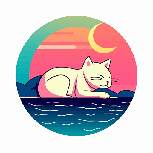 pastel neon anime style cat napping at the beach, inspired by studio ghibli, simple design, 2d, vectors. Design in circle with transparent backround