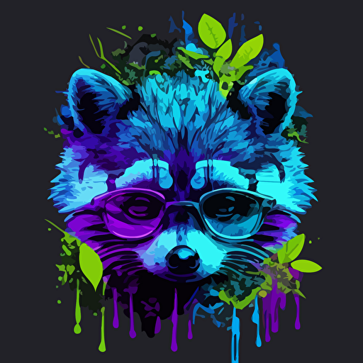 racoon caracter, glasses, smiling, high of marihuana, looking like a junky, simple vector art style, simple illustration, vector, hdr, purple and neon blue. color,