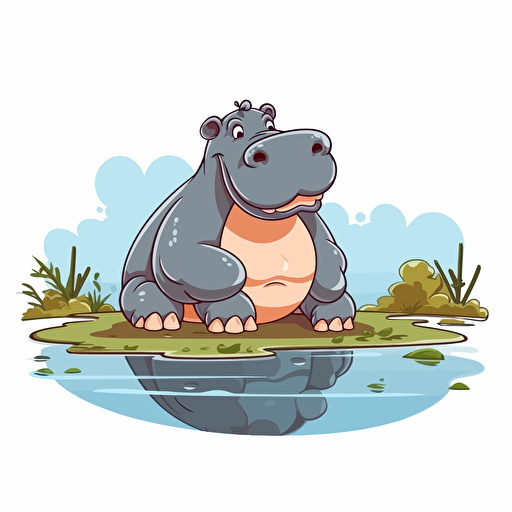 hippo, lake, detailed, cartoon style, 2d clipart vector, creative and imaginative, hd, white background