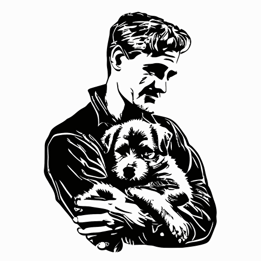 A logo of a person holding a dog in a vector style with no background in black and white colors