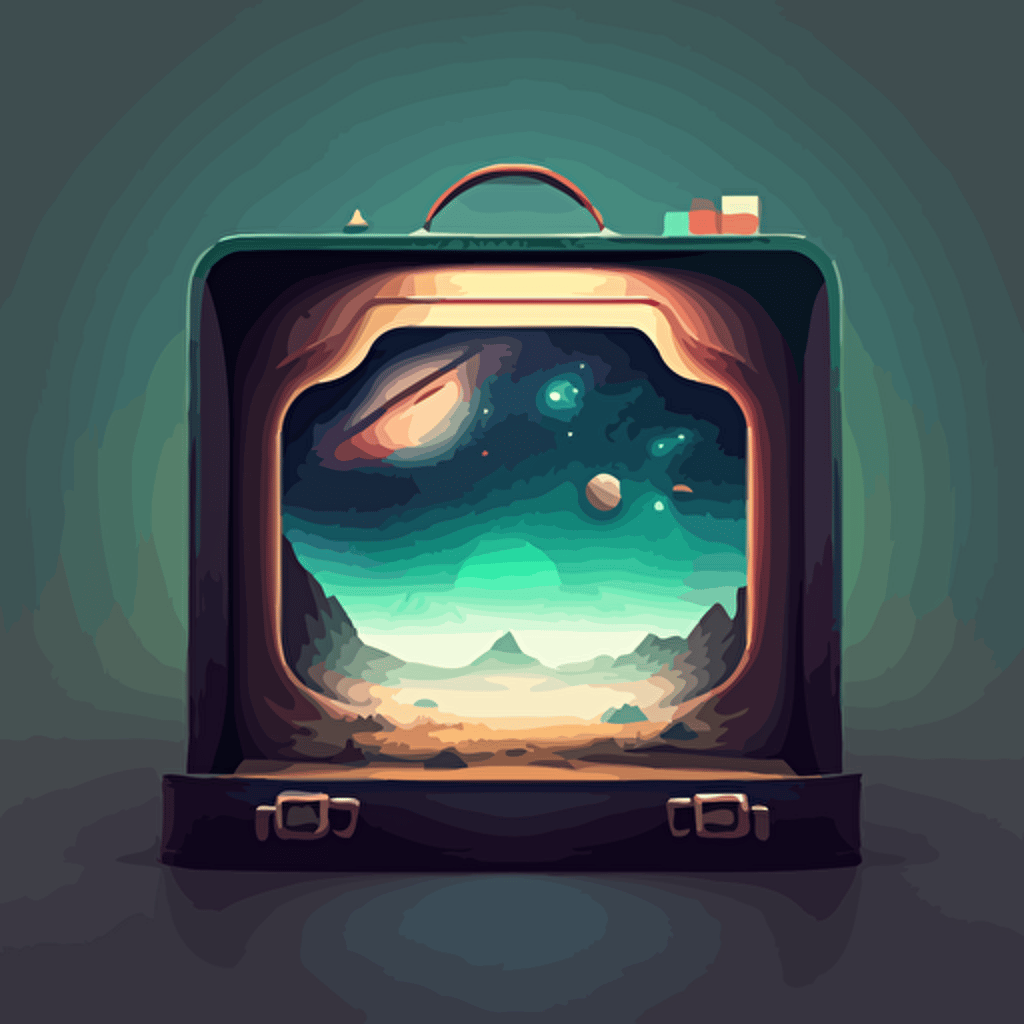 An illustrated scene of a briefcase with a space scene around it. Vector. Moody