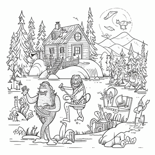 family vacation outside lake house, sasquatch and magic mushrooms in the background, one person fishing, one person playing banjo, cartoon style, vector illustration, outline