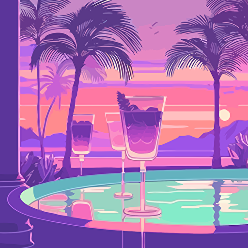 pool party, comic style, pastel colors, violet, coctails, palms, sunset, vector, flat background