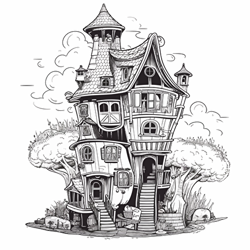 tall whimsical black and white medieval hobbit house, in flat 2d vector style, no perspective 4d91006c-2d9f-4a11-be13-7dac0aa6d6a6