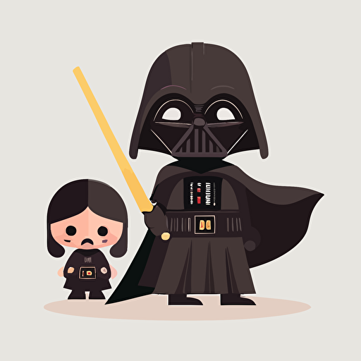 A beautiful female anime darth vader style with his son, goofy looking, smiling, minimalistic, flat light, white background, vector art, pixar style
