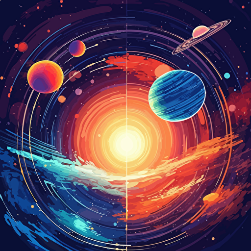 a foreign and unexplored galaxy with unique planets rotating around a sun, viewed from outer space with a small space shuttle coming into orbit, vector illustration in the style of the video game "The Outer Worlds"