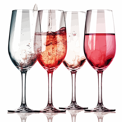 4 glasses of wine, red, white, rosè, sparkling, inline, vector, simple, no shade, no nuance colors, white background,