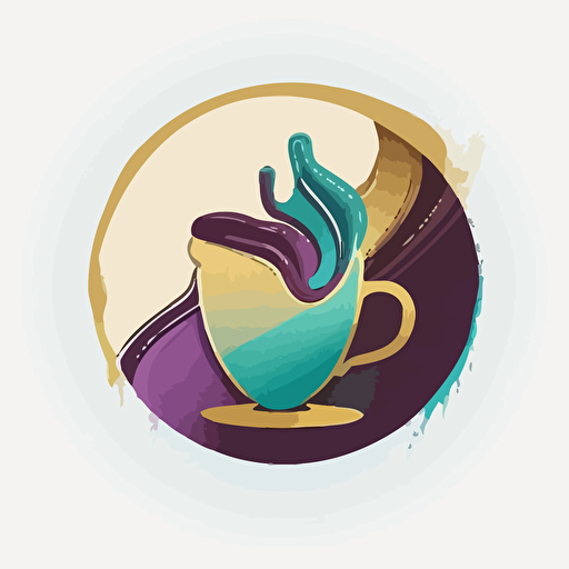 round vector UI logo style design in teal, gold and purple colour palette showcasing a large round cup of cappuchino