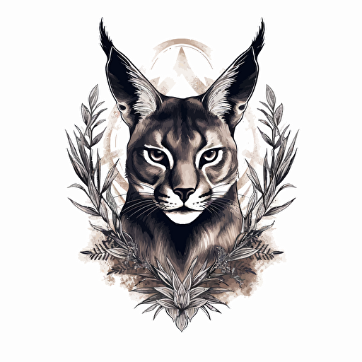 un vector d'un dessin de tatouage netroditionnel represantant un caracal avec de la vegetation autour. Image a plat avec lignes noir sur fond blanc