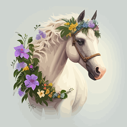 beautiful horse, flowers, cute, cartoon, high quality, high details, 12k, vector art