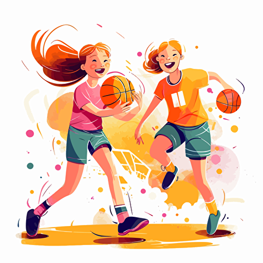 Vector illustration, of two beautiful happy 9 years old girls playing basketball, in vivid colors with white background